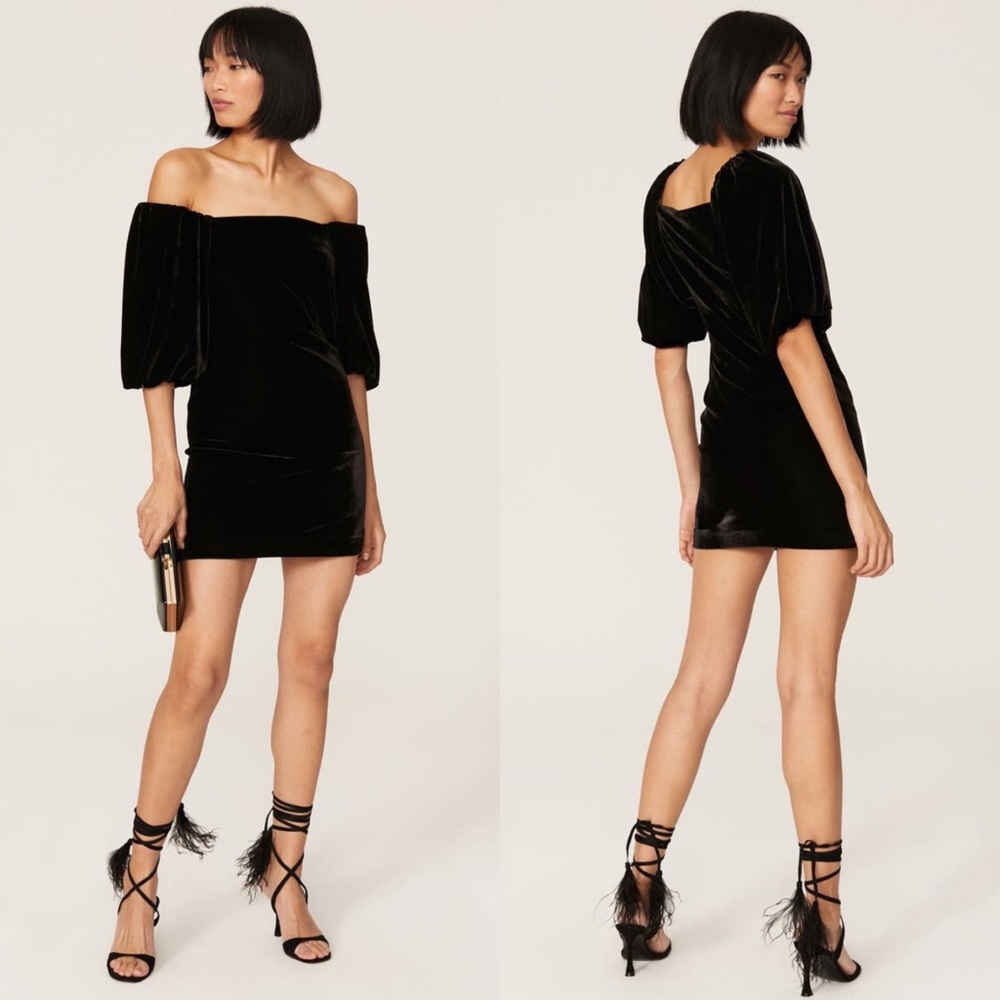 Rebecca Minkoff Vienne Velvet Square Neck Mini Dress XXS Black Off The Shoulder